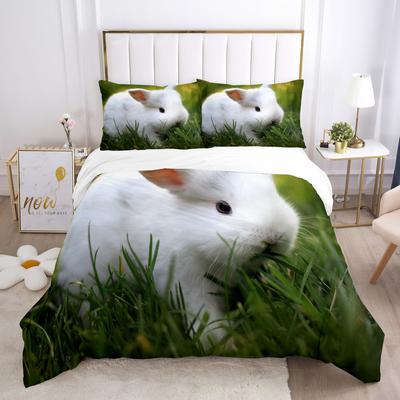 Ensemble Housse de Couette Lapin 3D Joli Petit Lapin Décor Prairie Verte Literie pour Enfants Filles Cadeau Thème Animal Décoration de Chambre