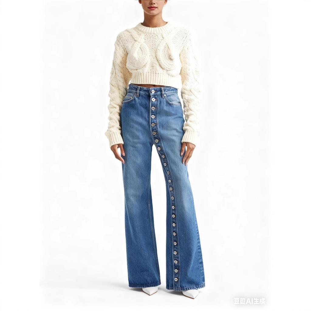 Women High Waist Wide Leg Jeans Full Button Front Side Detail Denim Pants Casual Loose Fit Trousers
