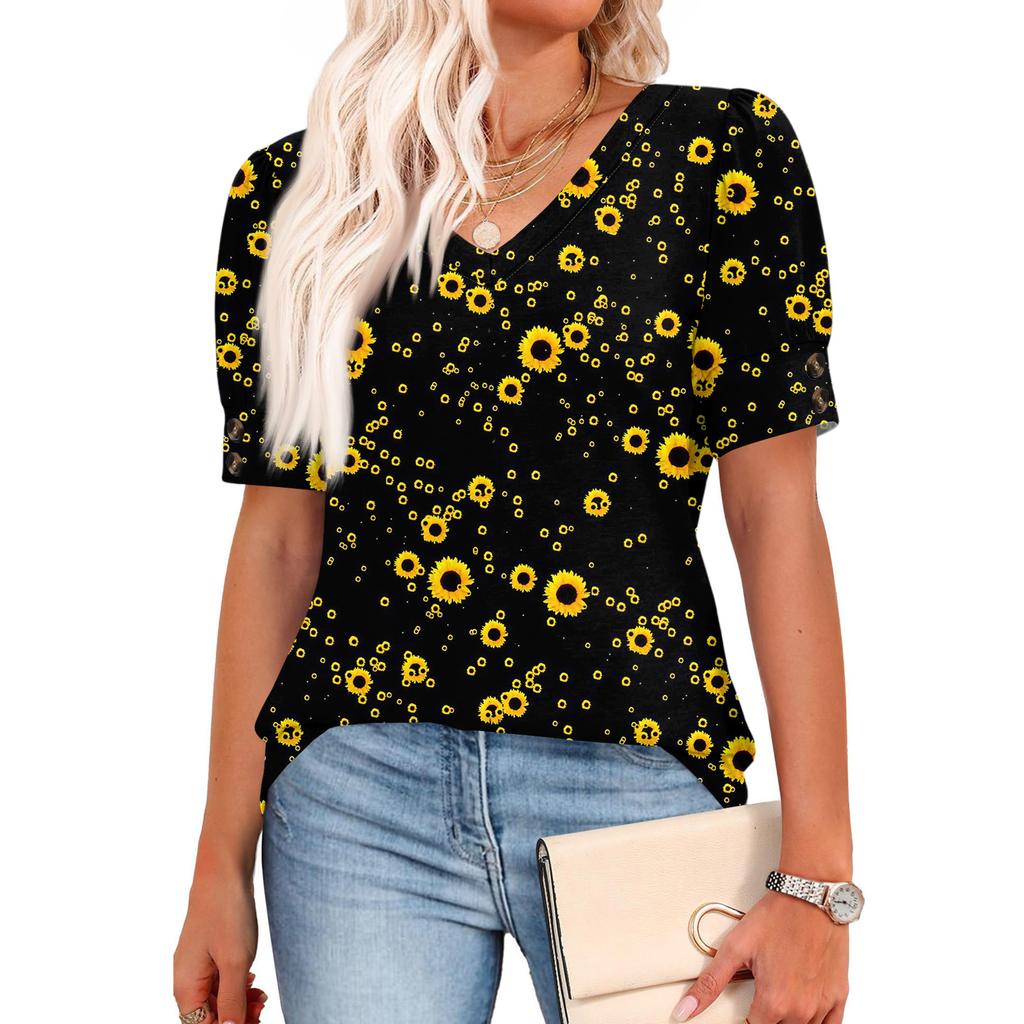 Womens Tops Short Sleeve Shirts Buttons V Neck  Fashion Outfits  Blouses  Casual