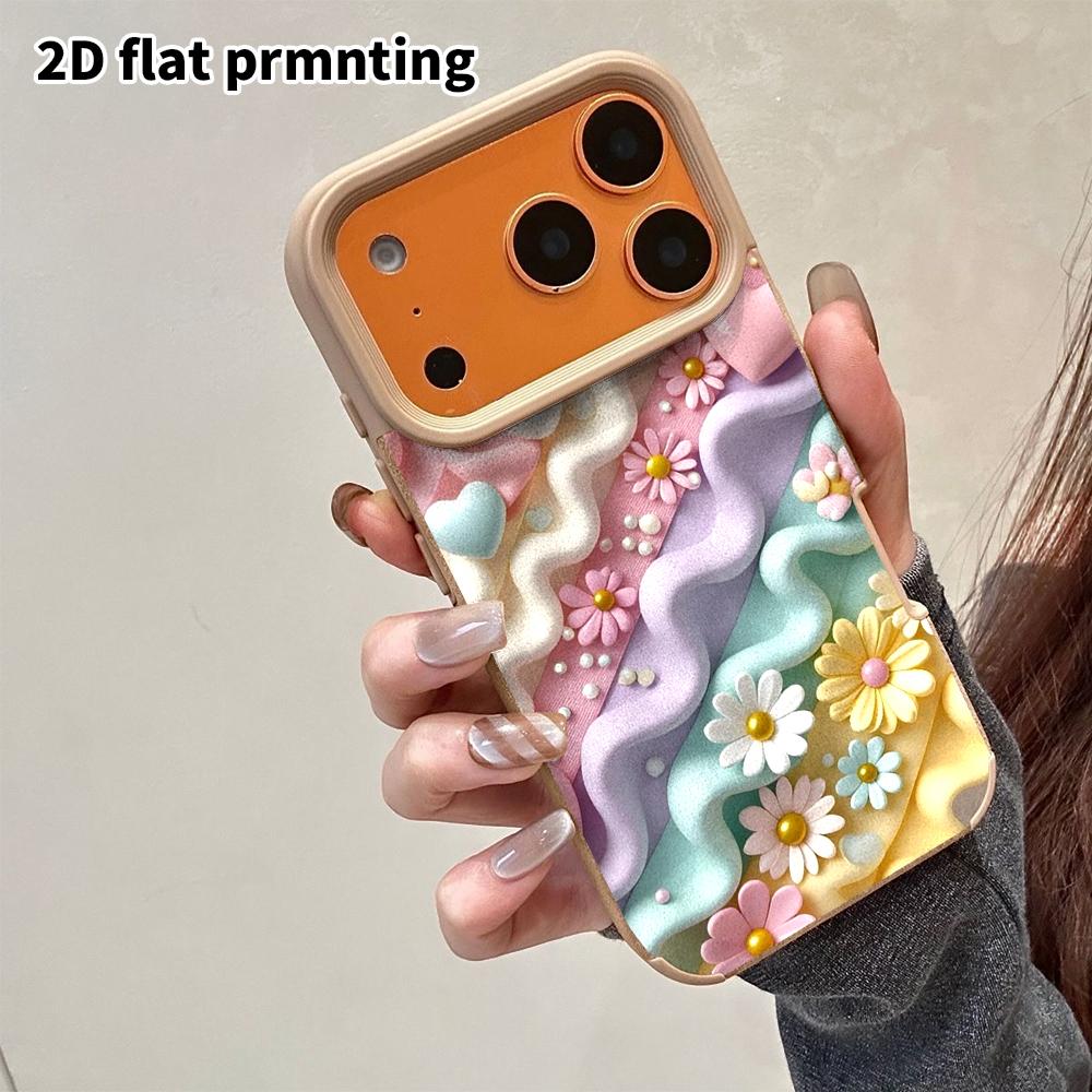 Phone Case: 2D flat lambskin suitable for iPhone 18 17 16 15 14 13Pro protective case, rainbow waves, floral cream, Christmas and Halloween gifts