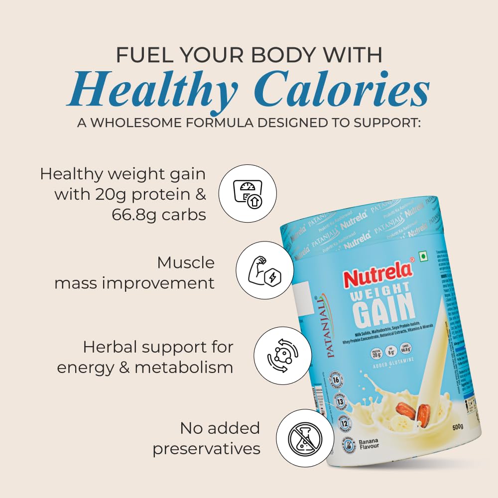 Nutrela Weight Gainer Pulver 500G Banane Geschmack Packung mit 2 Hochkalorischer Masse Gainer Mit Vitaminen