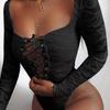 Women Fashion Sexy Rompers See Through Hollow Out Solid Color Rompers Long Sleeve Lace Seductive Bodysuit