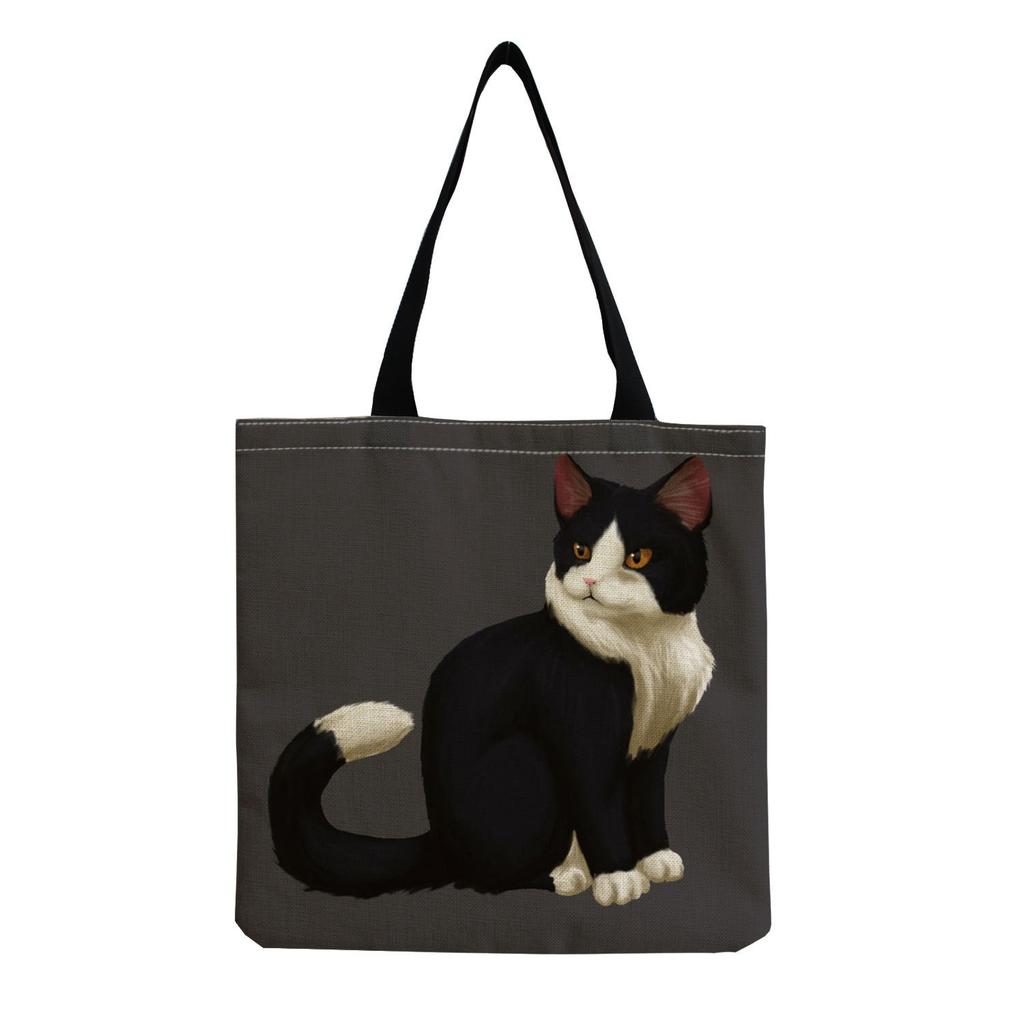 Women Vintage Linen Tote Bag - Large Capacity Cat Print Shoulder Handbag for Casual & Grocery Shopping KTB