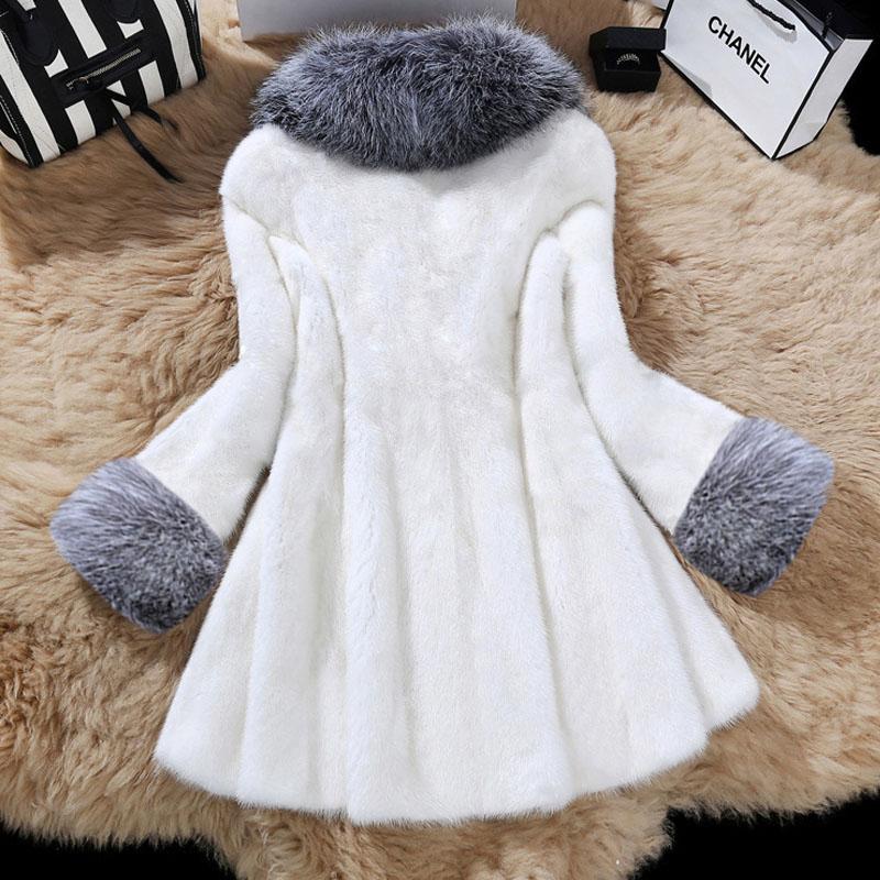 Fashion Faux Fur Coat Winter Jacket Women Imitation Fox Fur Collar Two Layers Cuffs Warm Outerwear