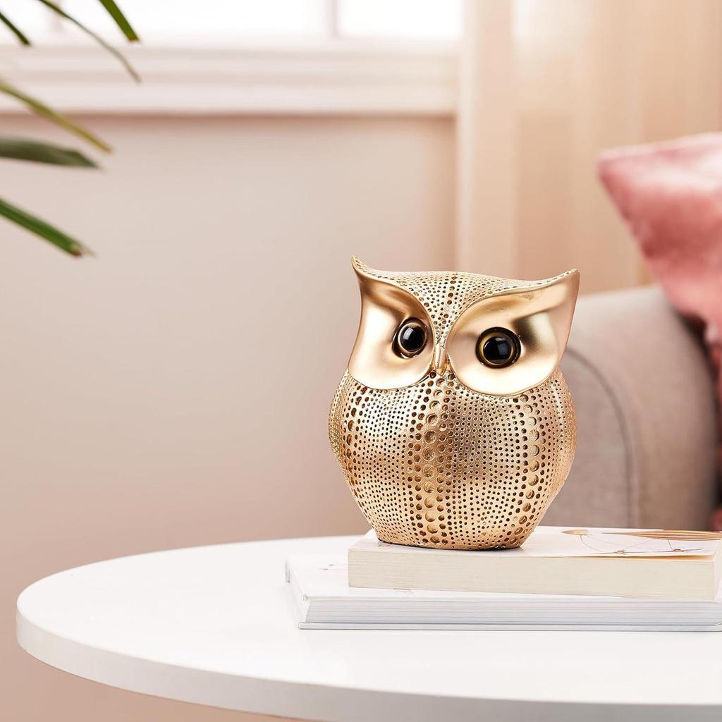 Modern Classy Happy Owl Resin Art Figure Showpiece (Golden, 13 Cm, 6.5 Cm)
