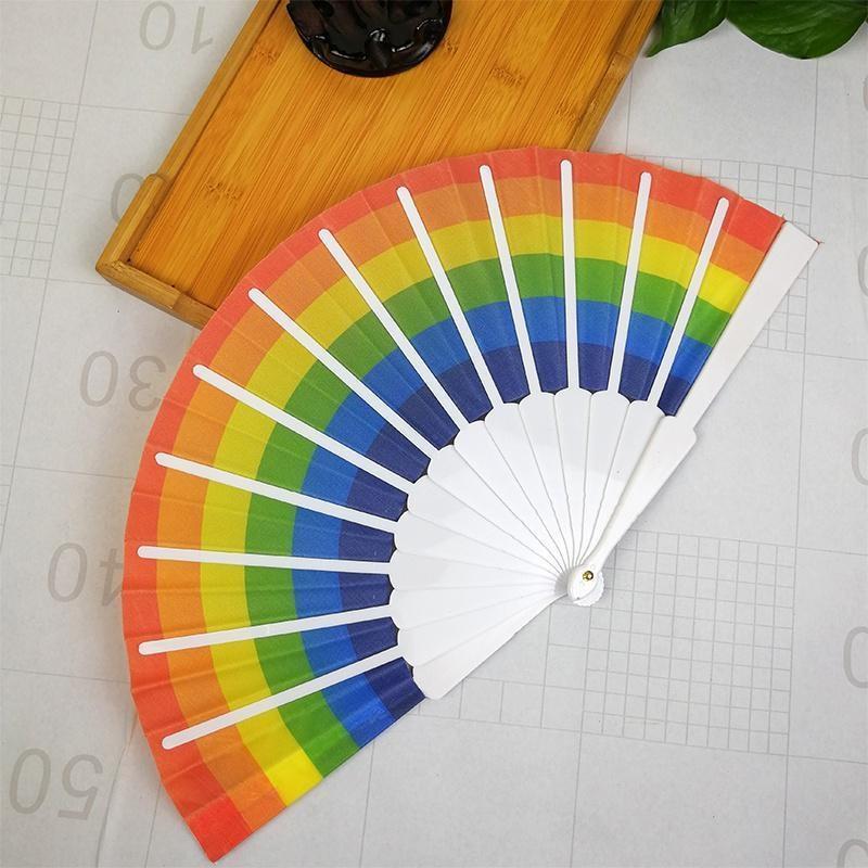 Rainbow Hand Crank Fan Foldable Oriental Style Silk Fabric Pocket Hand Fans Party Fovor Personality Dance Fan Gifts