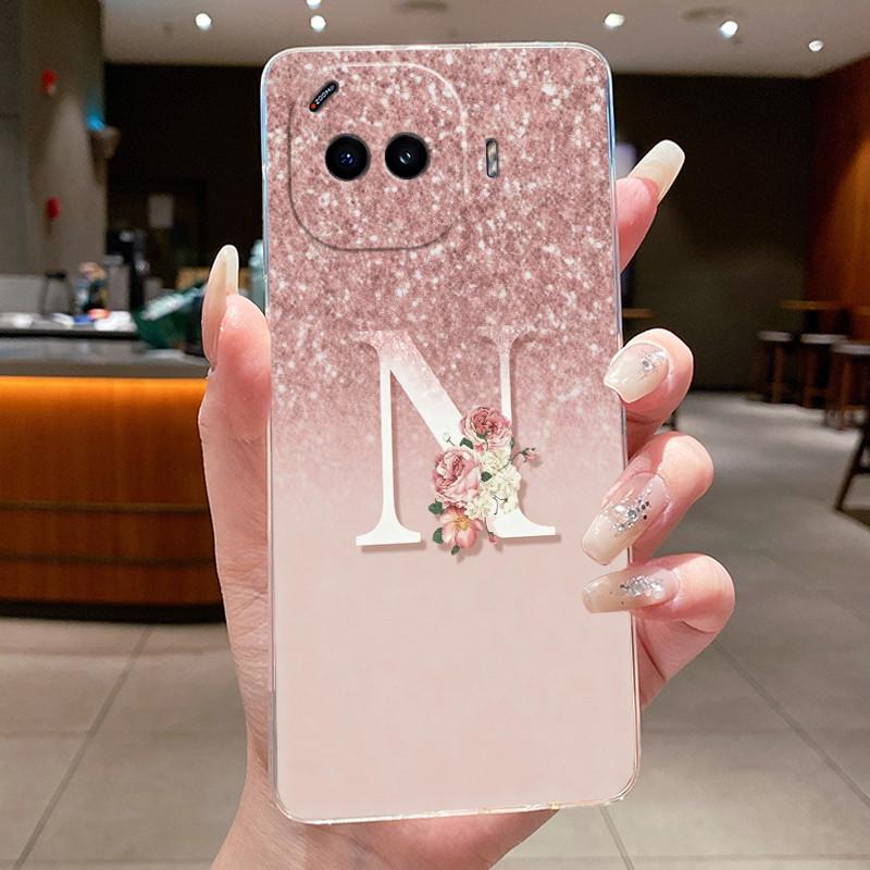 Anti-scratch Phone Case For Vivo iQOO Z11 Turbo Jelly Clear TPU Soft Casing Lucky Initial Letter With Flower Couple Shell