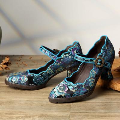 Genuine Leather Pumps Women Fashion High Heels Shoes Vintage Flower Round Toe Ladies Shoes