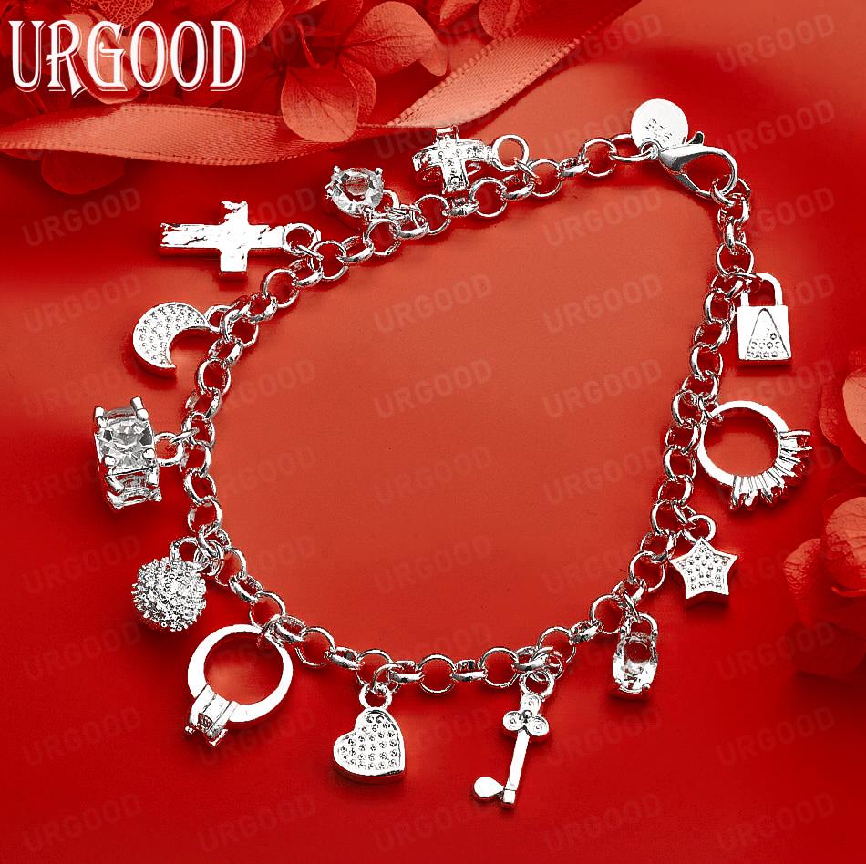925 Sterling Silver Fashion Jewelry Moon Star Pendant Bracelet 20CM