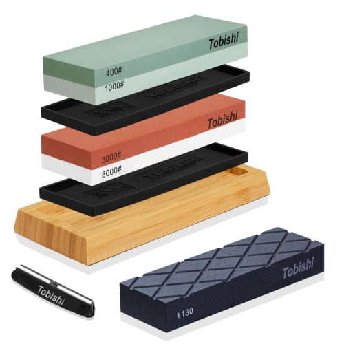 Whetstone Set, Knife Sharpening Stones #400, #1000, #3000, #8000, Double-Sided Whetstone, Surface Refining, Bamboo Base, Non-Slip Mat, and Fixed Angle