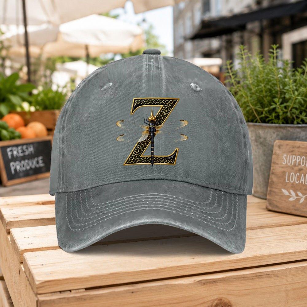 Golden Dragonfly Letter Z Washed Baseball Cap Unisex Casual Duckbill Hat for Outdoor Hiking Daily Commuting