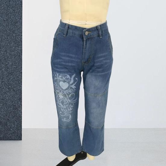 Women Jeans Mid Waist Irregular Individual Printing Retro Style Straight Wide Leg Patchwork Full Length Trousers for Vacation Travel