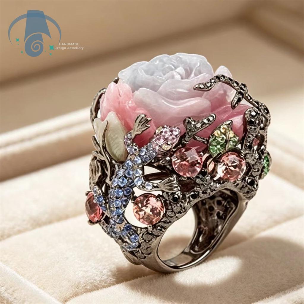 Black Gold Peony Flower Vine Lizard Ring for Women Carved Nature Statement Jewelry Vintage Gothic Daily Party Wear Unique Gift