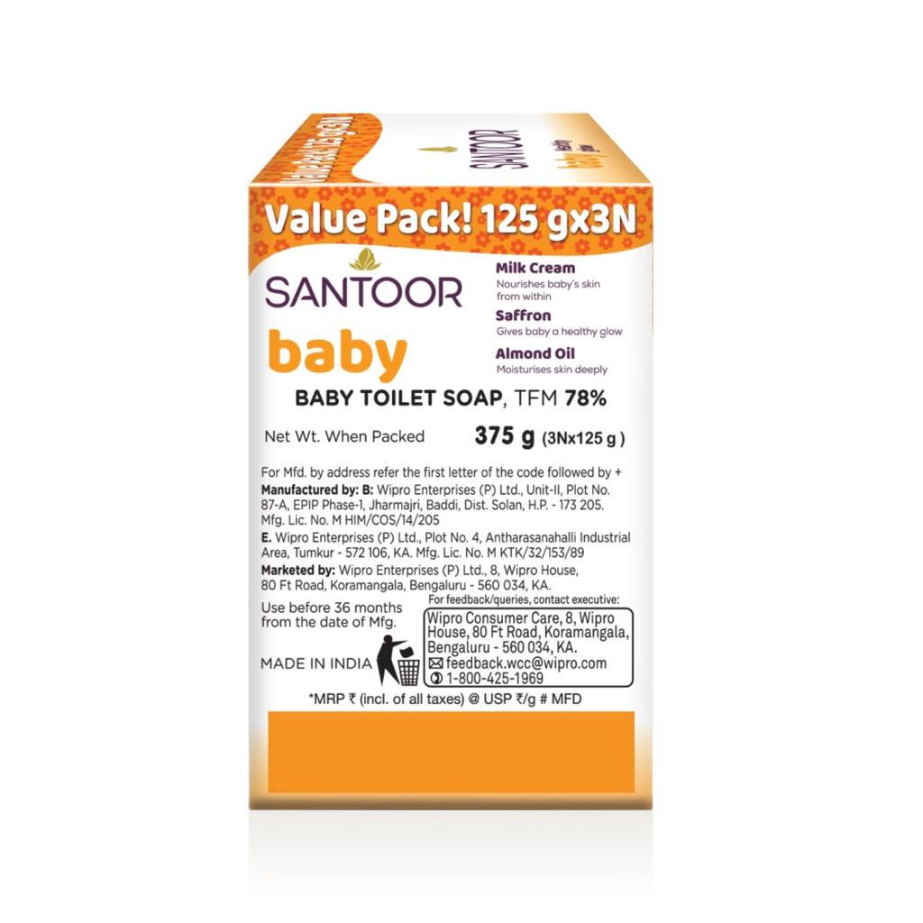 Santoor Baby Bathing Bar Soap With Milk Cream Saffron And Almond Oil Gentle Daily Skin Cleansing Formula For Infant Pack Of 3