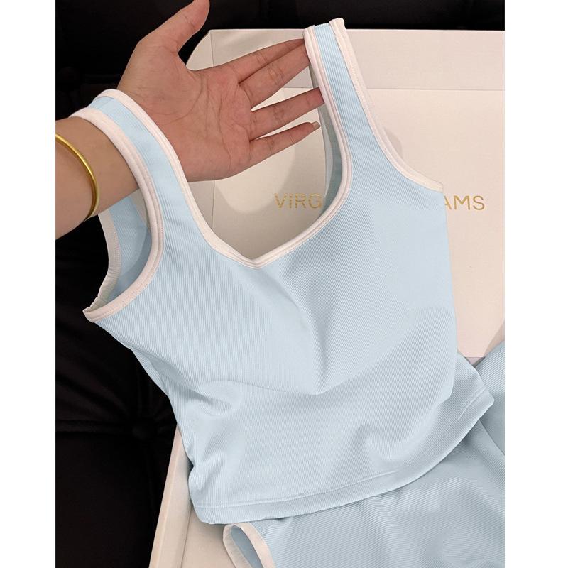 Contrasting color design yoga suit two-piece set women's chest pad vest drawstring shorts Pilates training set