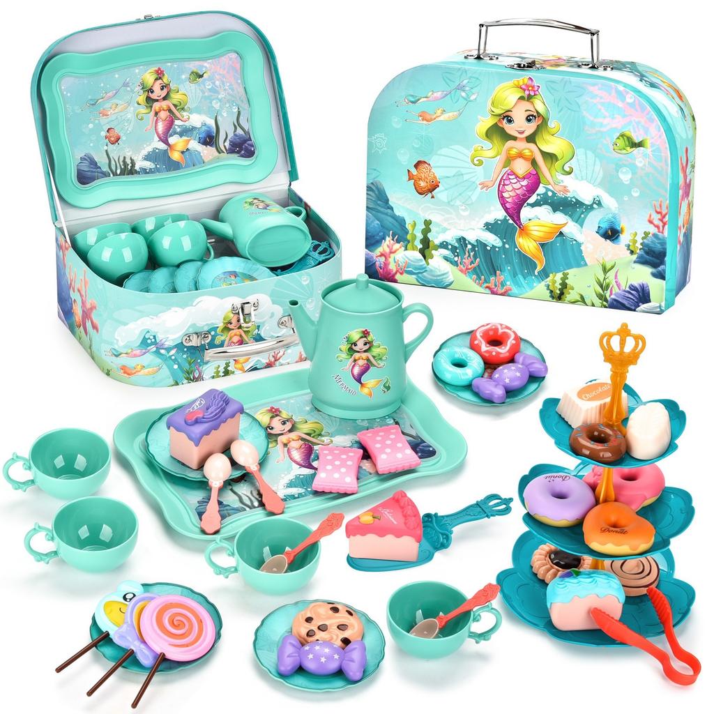 Tea Party Set for Little Girls,Kids Kitchen Pretend Play for Girls Boys Age 3-8, Kitchen Toys with Teapot,Cups,Plates & Storage Case,Princess Gift Set