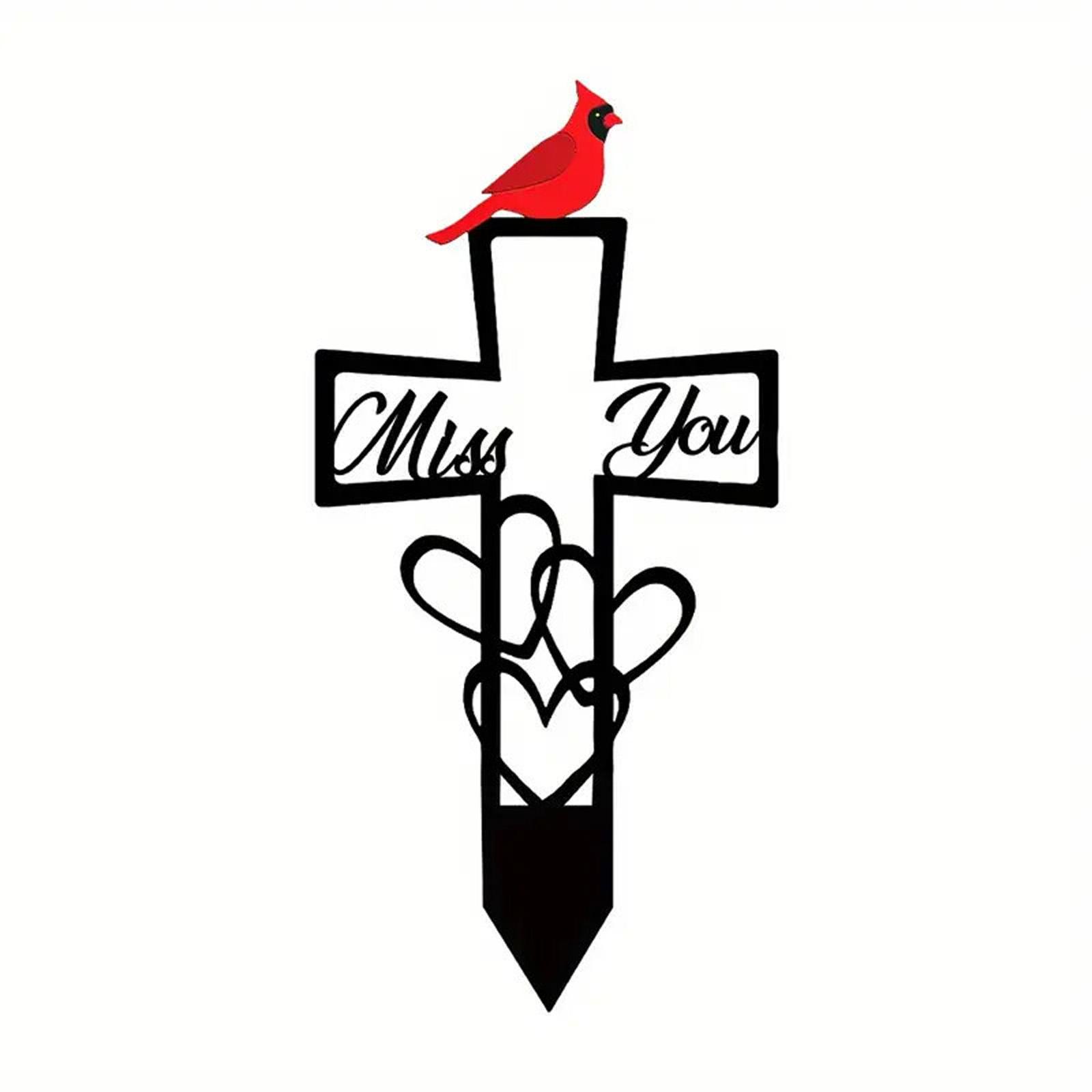 

Metal Cross Memorial Stake with Cardinal Bird and Miss You Lettering Garden Grave Marker for Outdoor Yard Decoration