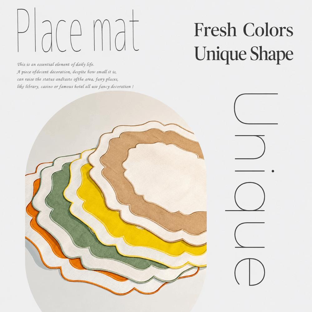 Heat Insulation Scalloped Linen Placemat Wear Resistant Machine Washable Textured Dining Placemat Restaurant Use