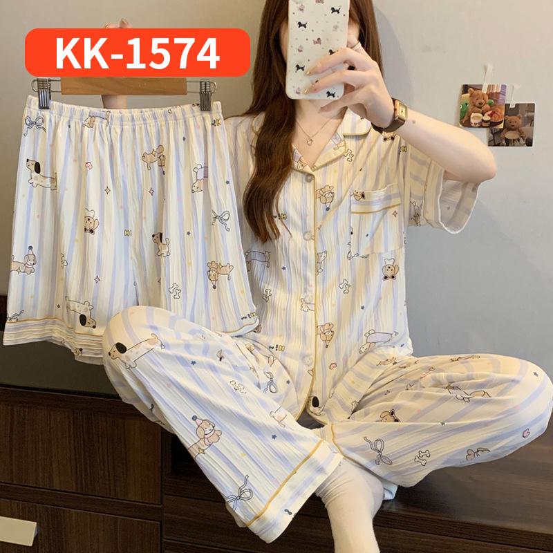Sweet Striped Bow Print Korean Style Crinkle Pajamas Set for Women - Three-Piece, Short Sleeve Homewear.