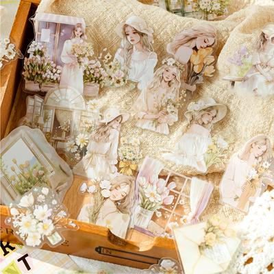 40 listů/sáček Samolepky PET Retro Ilustrace Dívka Rostlina Postava Samolepka pro Ruční Skládání Materiály Balení DIY Dekorace