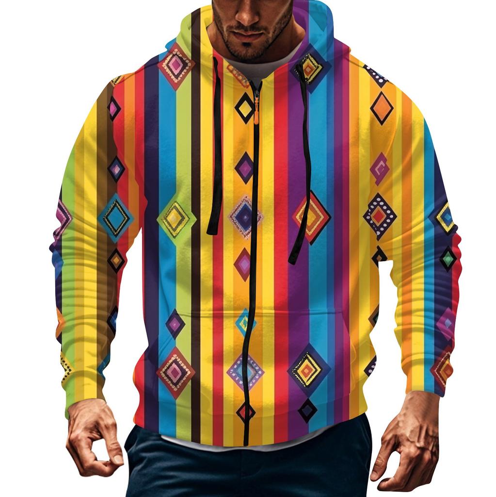 Men's Sports Casual Fleece Hoodie Carnival Print Hoodie Cardigan Zipper Multi-pocket Hoodie Coat