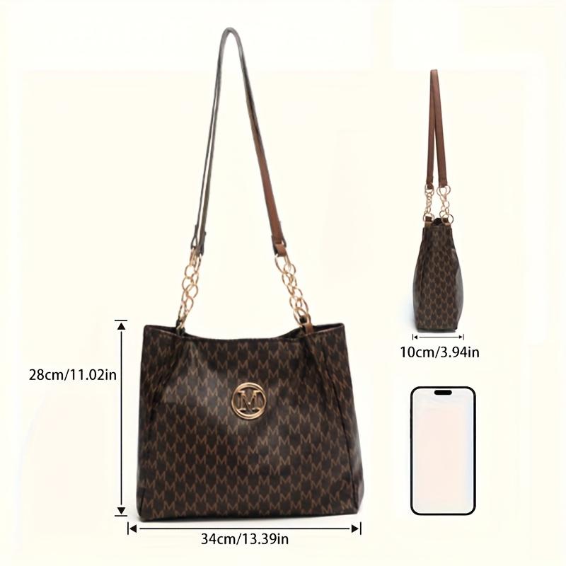 Women's PU Vintage Character 'M' Print Handbag & Crossbody Bag with M Hardware - Large Capacity Tote, Zipper Closure, Machine Washable Retro Purse