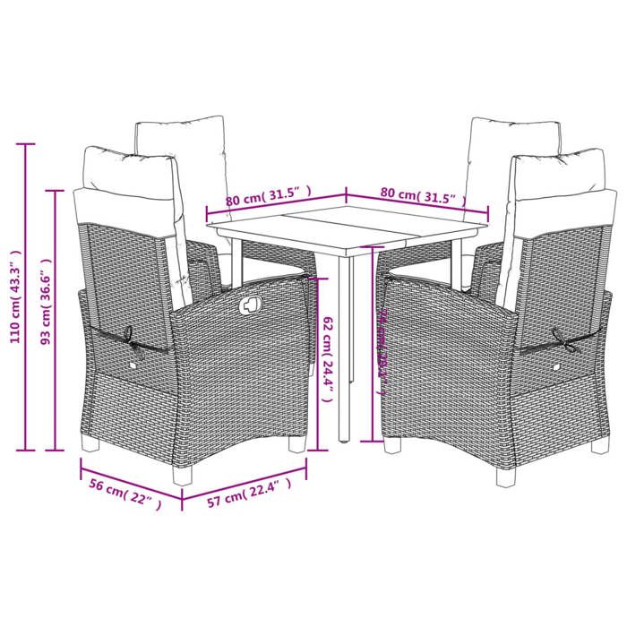 VidaXL Garden Dining Set with Cushions 5 Pcs, Table and Chairs with Adjustable Backrest, Outdoor Furniture, 3212774