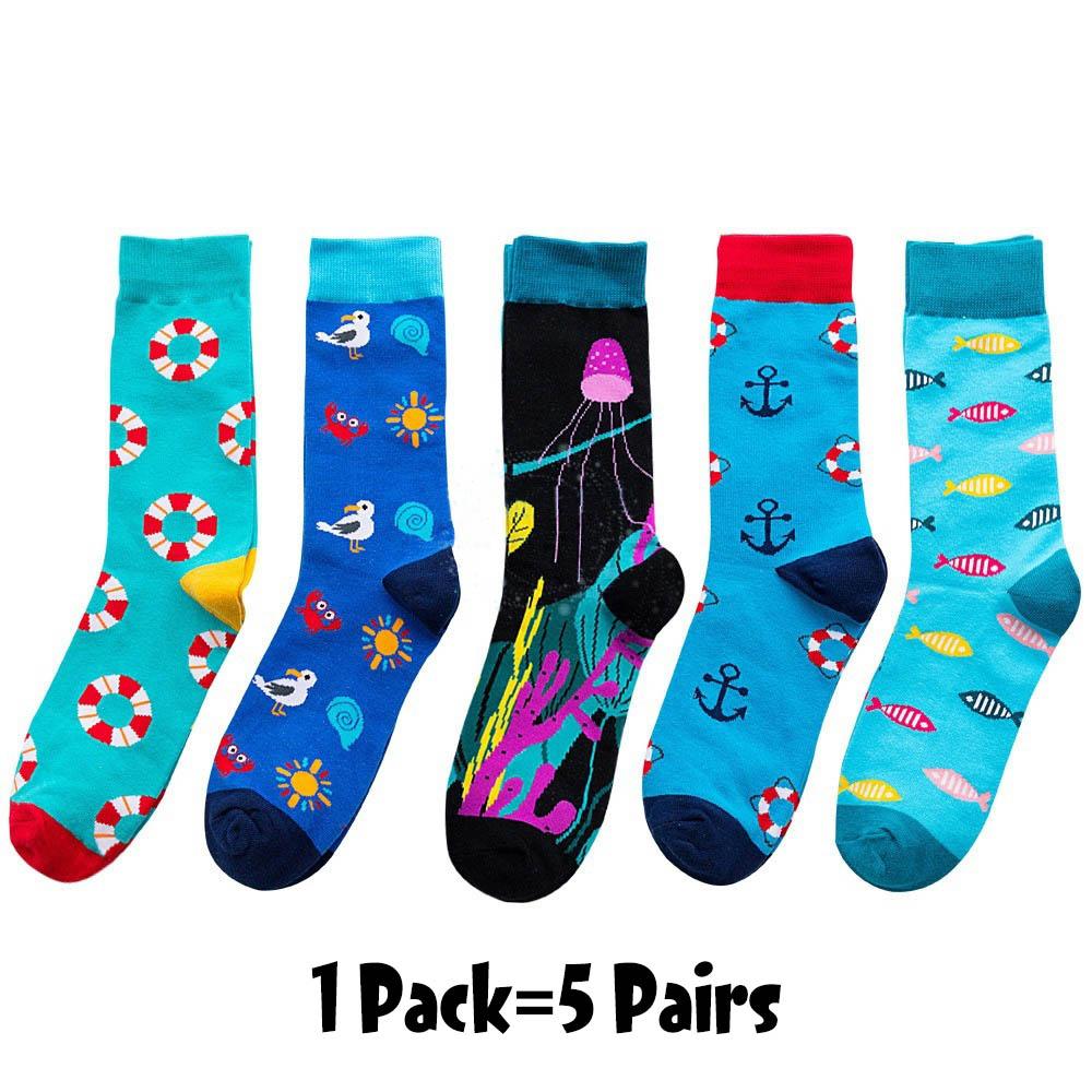 5 Pairs/Pack Men Funny Socks Casual Hip Hop Creative Cartoon Novelty Calcetines Hombre Street