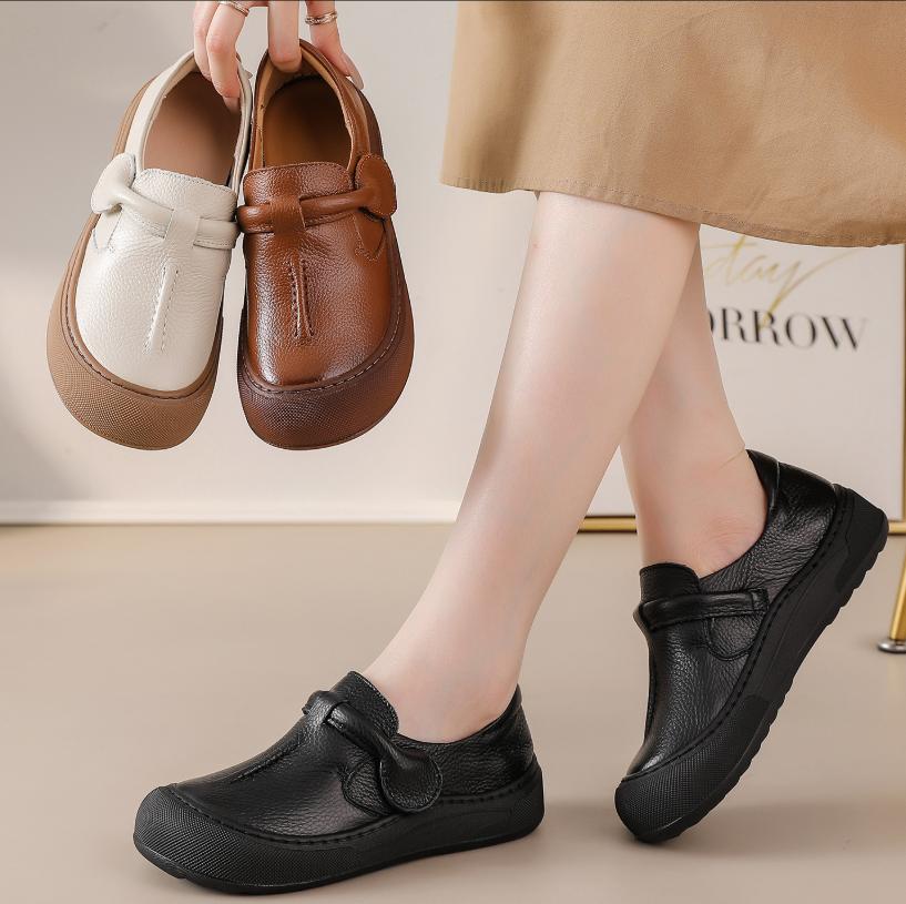 Ballerine da donna in vera pelle Scarpe da ginnastica sportive a testa larga allacciate da donna Mocassini vintage Antiscivolo Scarpe basse da passeggio Scarpe da mamma
