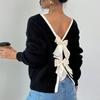 Damen Rundhals Langarm Strickpullover Lockerer Schnitt Lässiger Pullover mit Schleife am Rücken