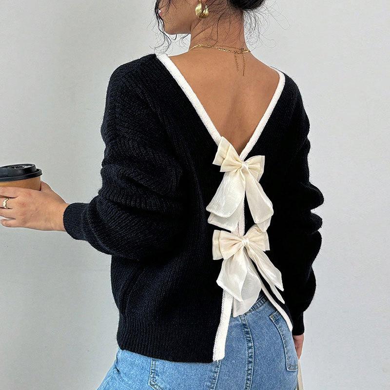 Damen Rundhals Langarm Strickpullover Lockerer Schnitt Lässiger Pullover mit Schleife am Rücken