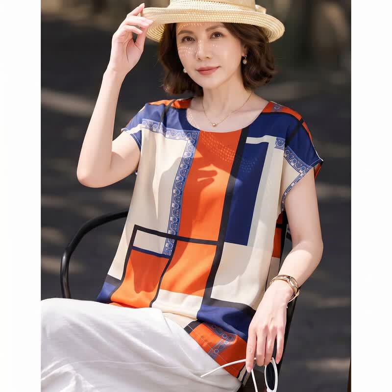 Women s Geometric Print Short Sleeve Blouse XXL оранжевый