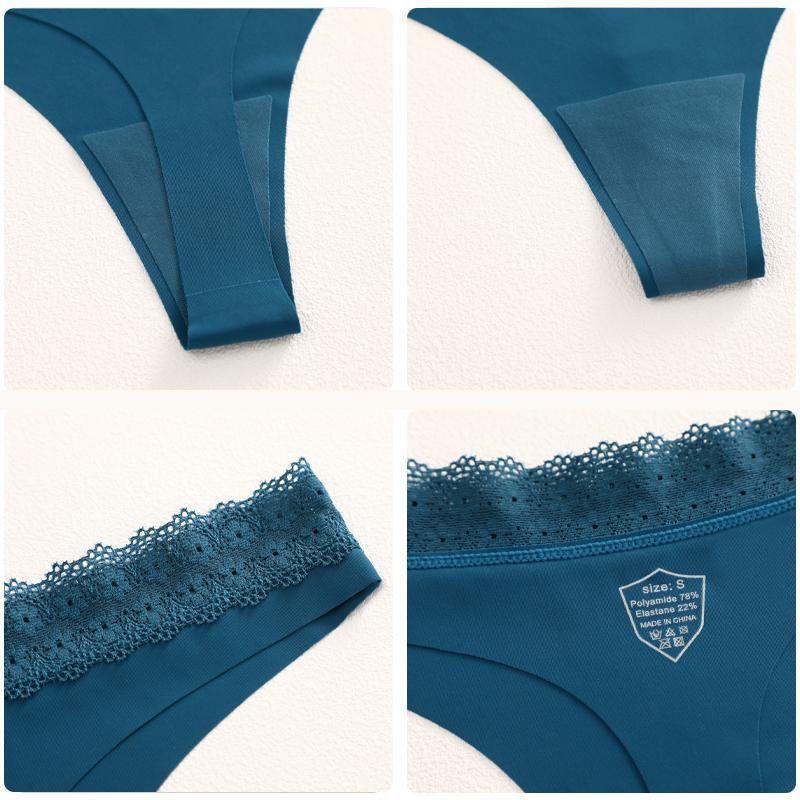 Women's Sexy Traceless T-Back Thongs Panties Seamless Solid Color Lace Trim Cozy Underwear Female Low Waist G-String Lingerie