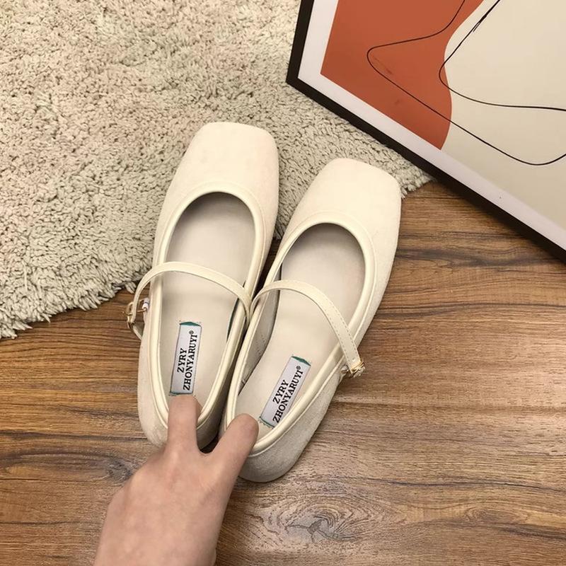 Fairy wind square head suede low-heeled grandma shoes female spring versatile retro light mouth soft leather Mary Jane thick-heeled single shoes