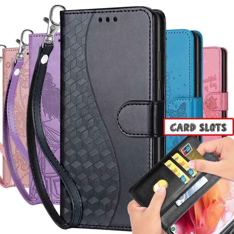Für Redmi 13C 14C 12C Note 14 13 iPhone 16 15 14 Honor X6a X6b Moto G30 G04 G05 Schmetterling geprägte Lederkartenfächer Flip Wallet Kickstand Handyhülle