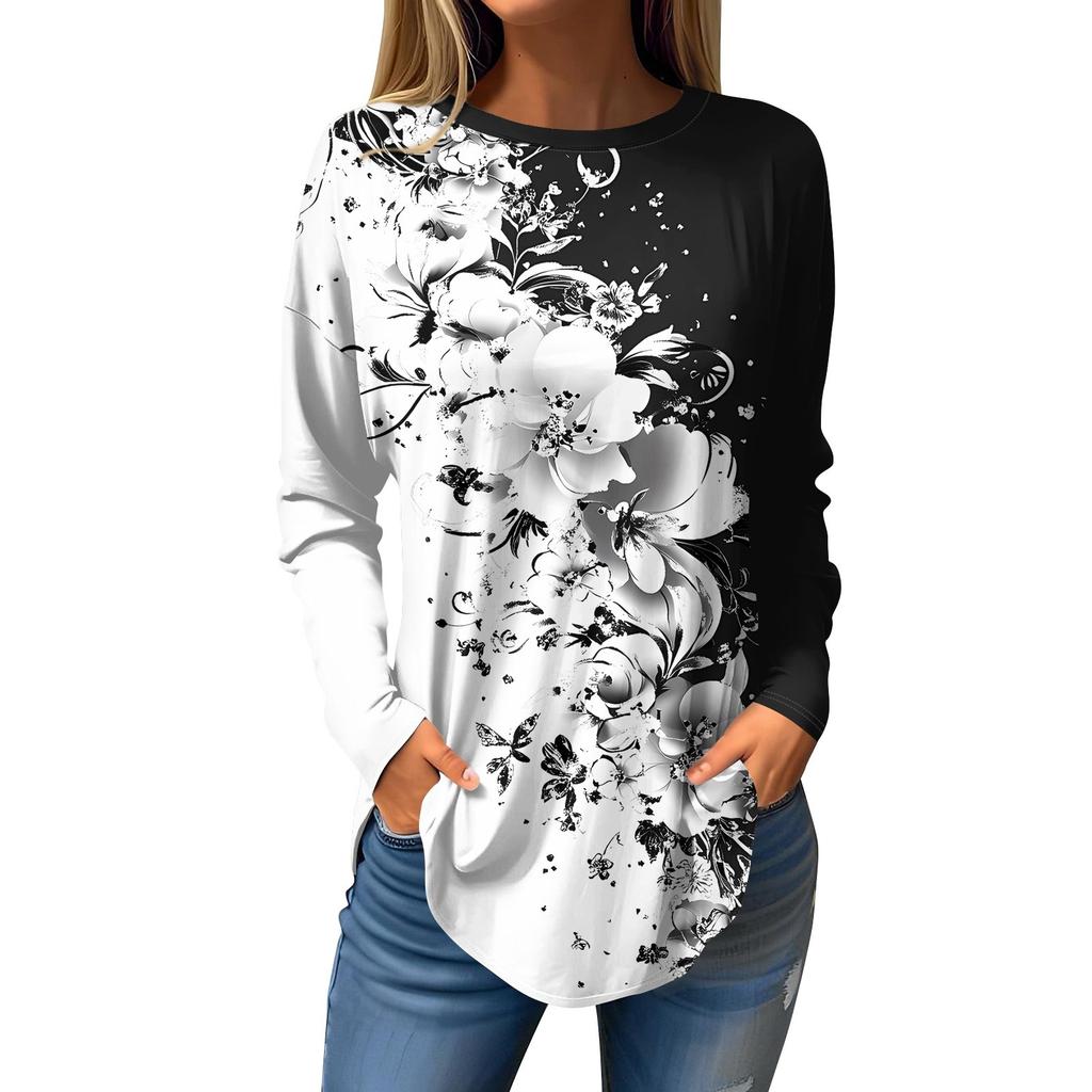 Dames Losse Ronde Hals Print Lange Mouw T-shirt Top Pullover