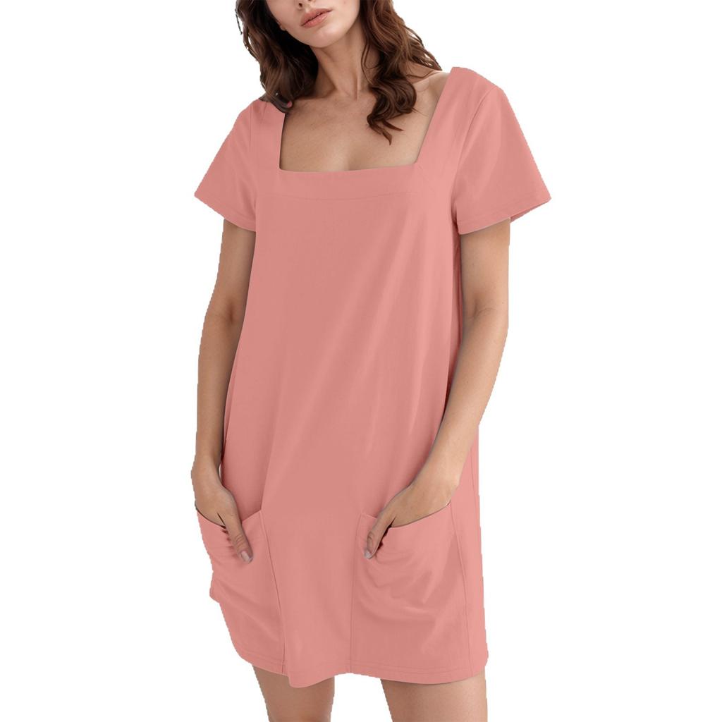 Women's Square-neck Short-sleeved Fashionable Short Skirt Pocket Casual Dress