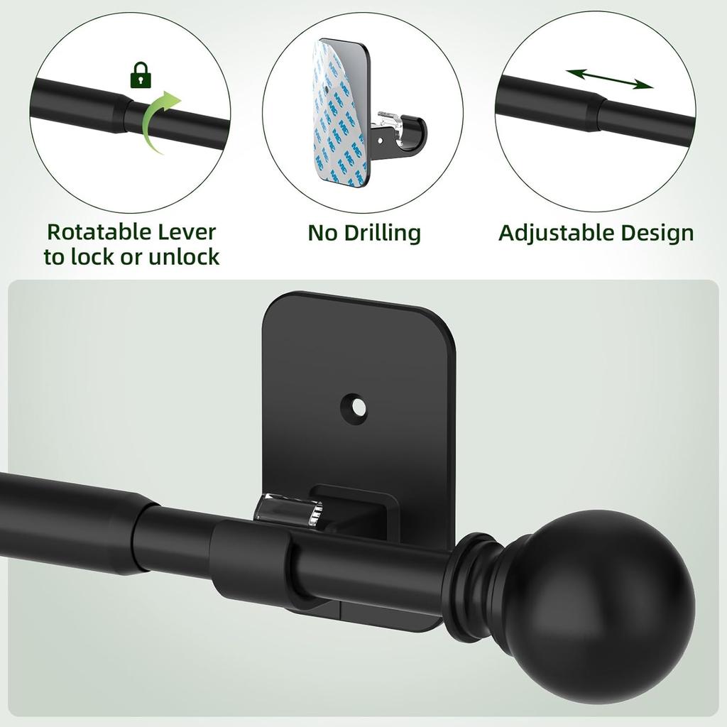 Curtain Rods No Drilling for Windows 48 to 84-90, 5/8 Inch Black Renter Friendly Adjustable Curtain Rod with 3M Adhesive Brackets