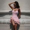 Sommer Mode Rüschen Mini Kurzkleid Einreiher Neu V-Ausschnitt Elegant Ärmellos Damen Slip A-Linie Party Abschlussballkleid Rückenfrei Slim Fit Kleid