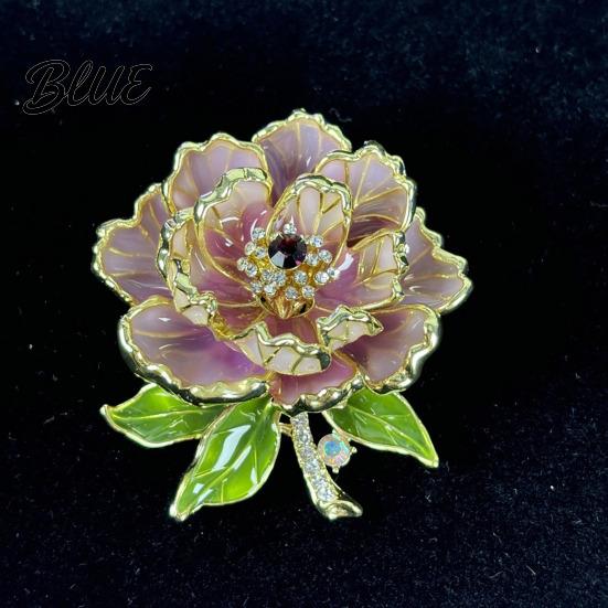 Sweater Brooch Pin Women Sparkling Rhinestones Enamel Peony Shape Lapel