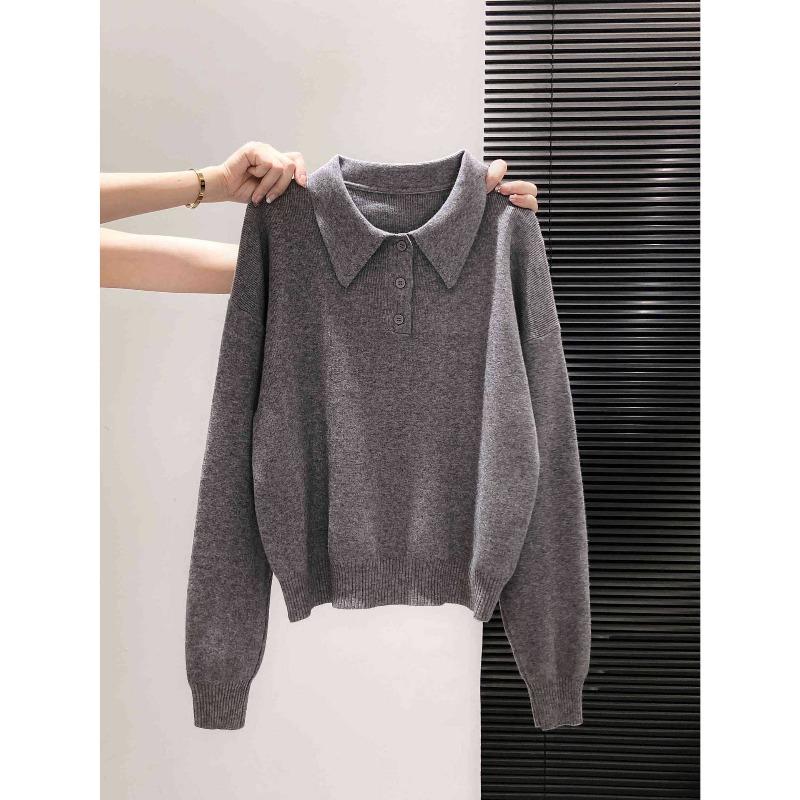 Gray Lazy Light Grade Olo Shirt Knitted Sweater Women's Autumn Button-down Lapel Top Loose Long-sleeved Bottoming Shirt