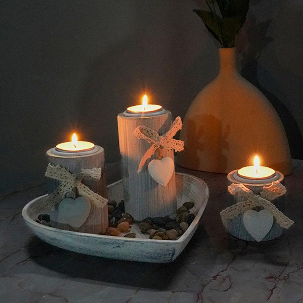 3Pcs Wood Candlestick Set Tealight Candle Holders with Romantics Heart Designs Tray and Bows Decoration for Centerpieces