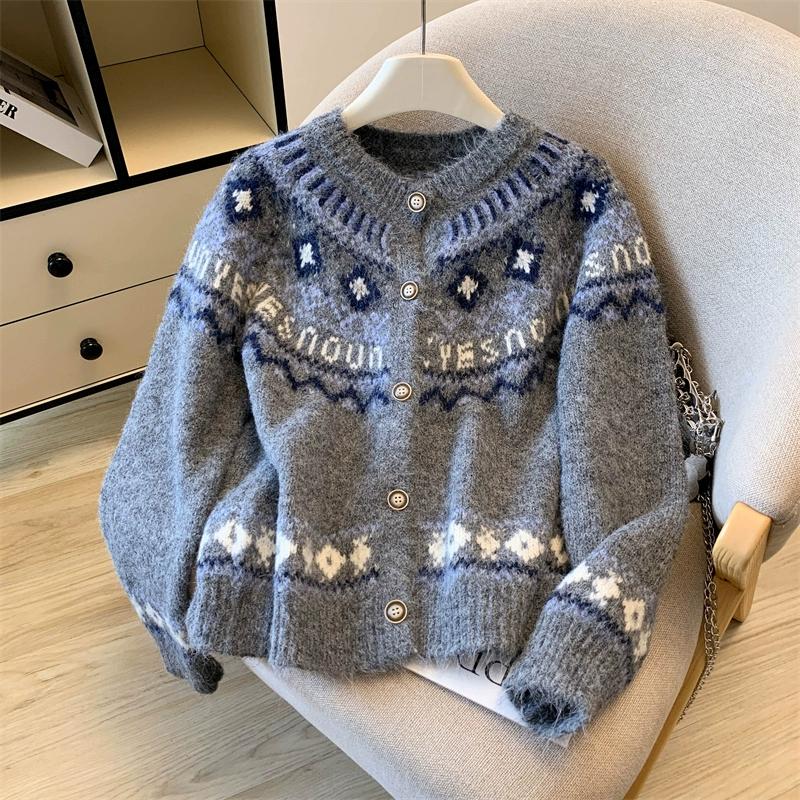 

DIMANAF 2025 Осень Свитеры Кардиган Женский С Принтом Пуговицы Свитеры Вязание Свободный Белый Свитер one size серый