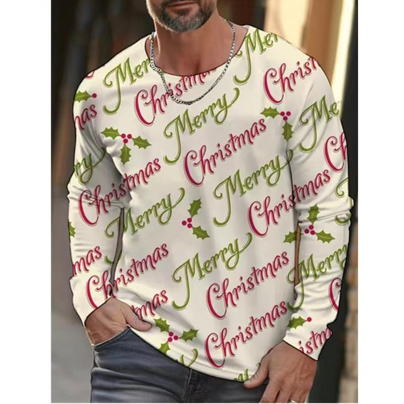 Funny Christmas Style Pattern T-Shirt For Men Elk Santa Gift 3D Print T Shirts Autumn Casual Long Sleeves Loose O-Neck Tops Tees