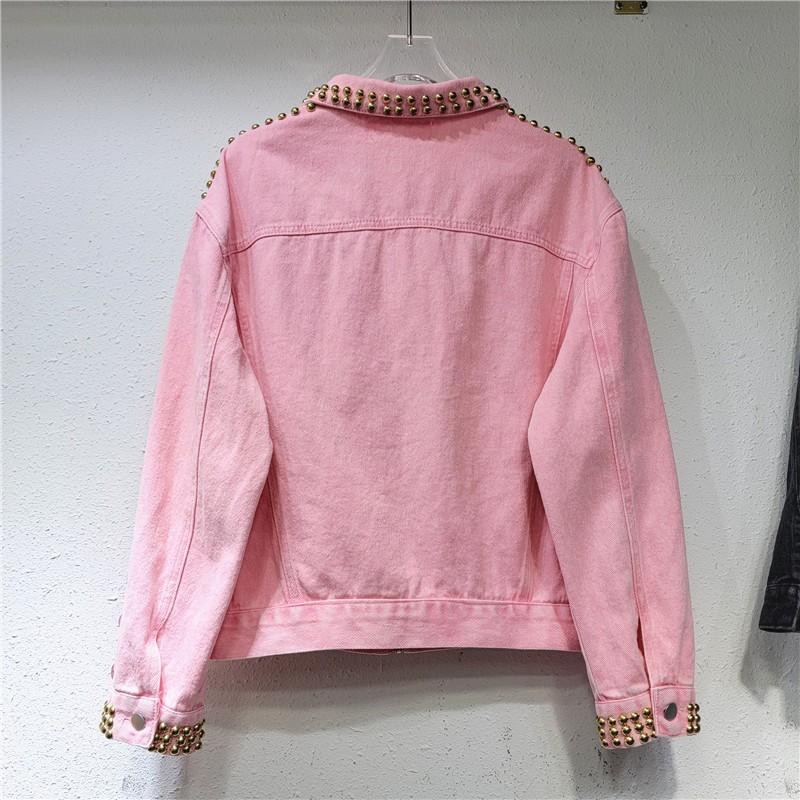 Thai Street Pink Denim Jacket Women Loose Fit Long Sleeve Heavy Rhinestone Detail Polo Collar