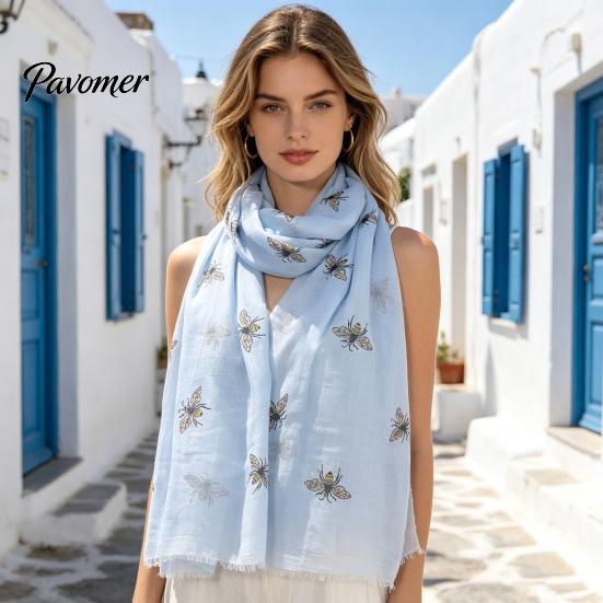 Casual Decorative Neck Scarf Lightweight for Women, Cute Bee Pattern Scarf, All Seasons Soft Long Thin Shawl Wrap Vacation, Travel, Party Stylish