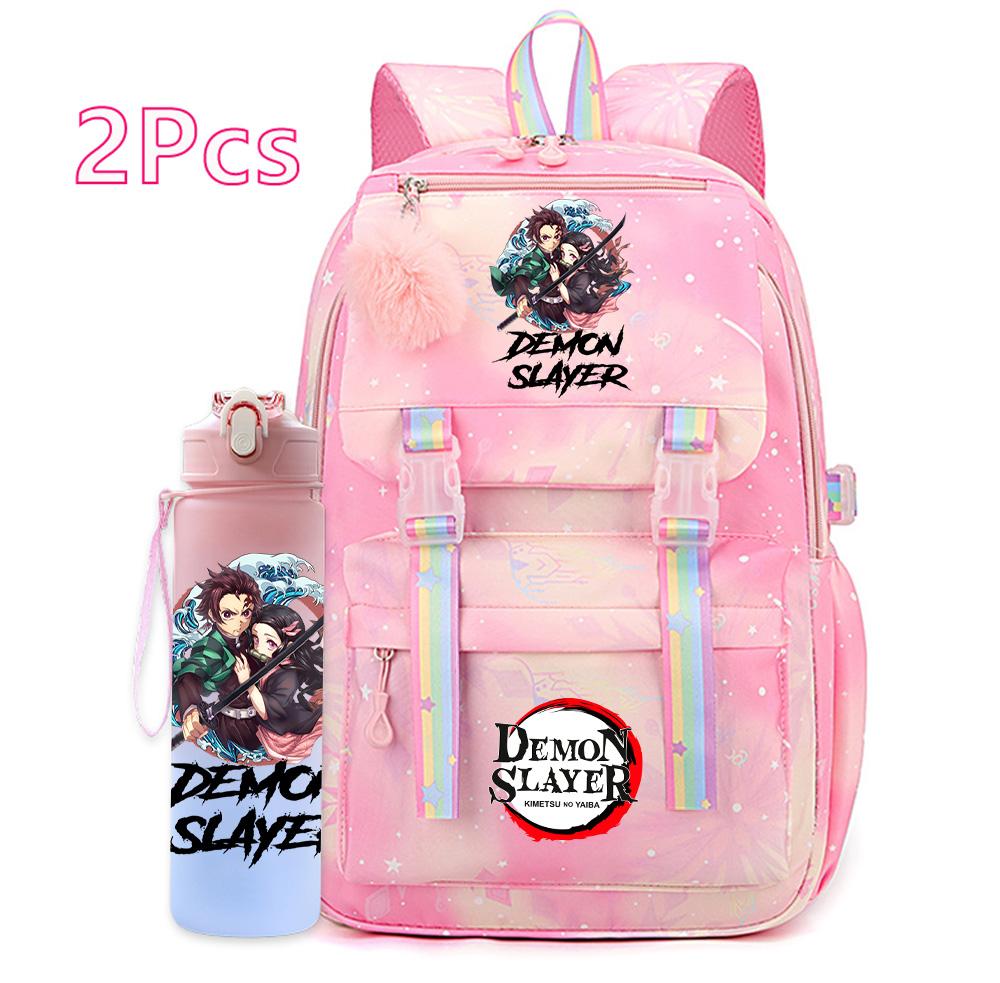2Pcs/set Cartoon Demon Slayer Printed Backpack with 750Ml Water Bottler for Teenager Bookbag Large Capacity Waterproof Travel Bag