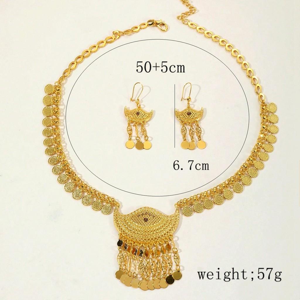 Trendy Alloy Gold Jewelry Collection With Hollow Coin Necklace And Earrings For Wear Casual