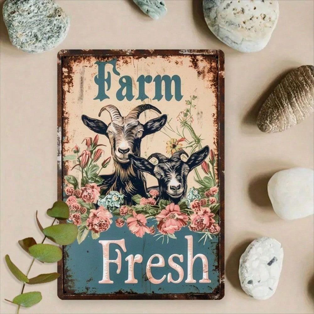 

Vintage Goat with Flowers Metal Poster Wall Art, Farmhouse Rustic 8x12 Inch Decor for Living Room