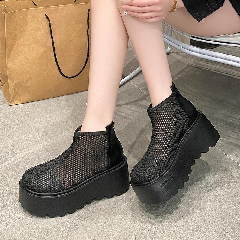 Mote Høye Hæler Kule Støvletter Sommer Ny Rund Tå Mesh Stoff Pustende Bakglidelås Vanntett Plattform Sklisikre Kilehæler